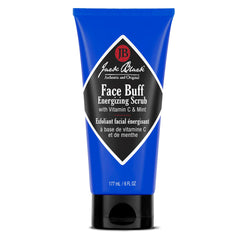 Jack Black Face Buff Energizing Scrub bottle demonstrates pre-shave cleansing for smoother shaving