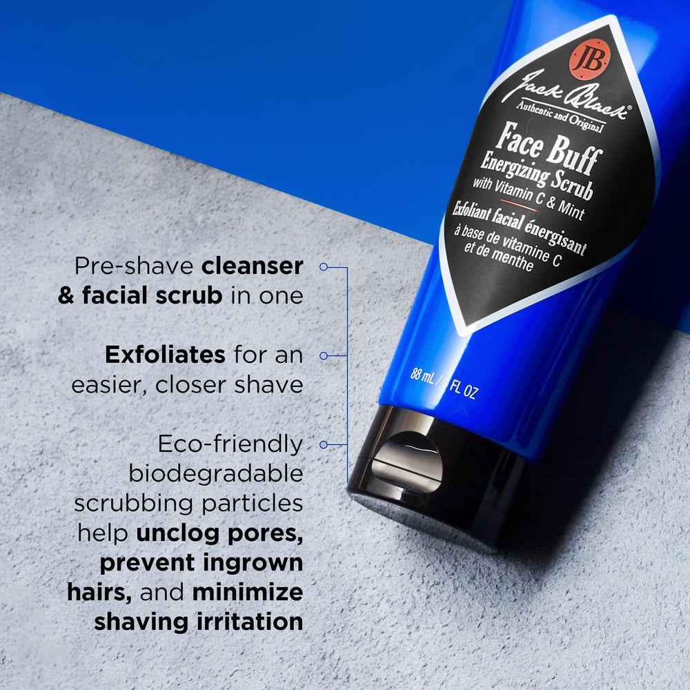 Jack Black Face Buff Energizing Scrub in shower highlights cooling prep before shaving