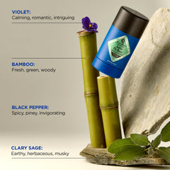 Bamboo clary sage and violet mid-notes create a calming earthy vibe