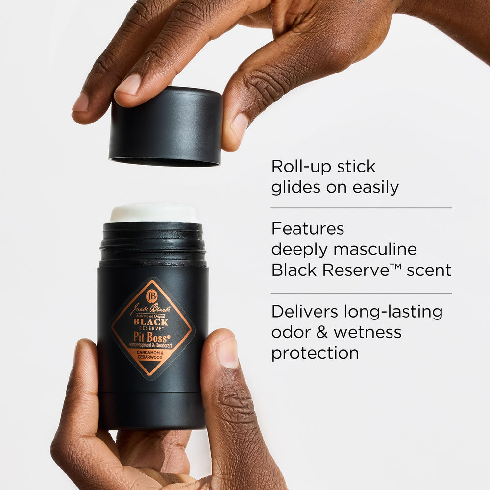 Jack Black Pit Boss Black Reserve application underarm for daily freshness.
