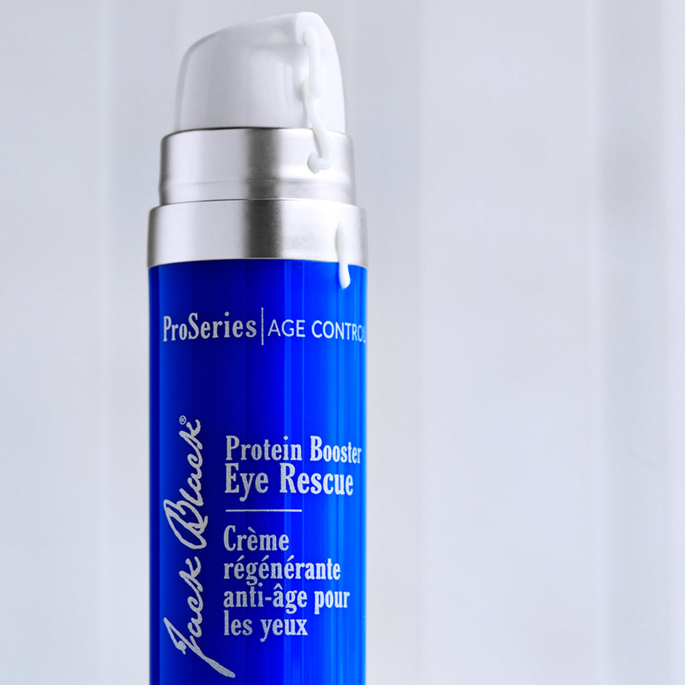 Jack Black Protein Booster Eye Rescue packaging highlighting Matrixyl Synthe’6 and Osilift ingredients.