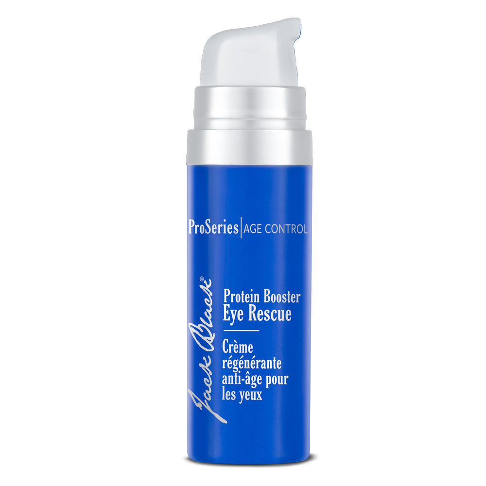 Jack Black Protein Booster Eye Rescue tube close-up for targeted eye-area hydration.