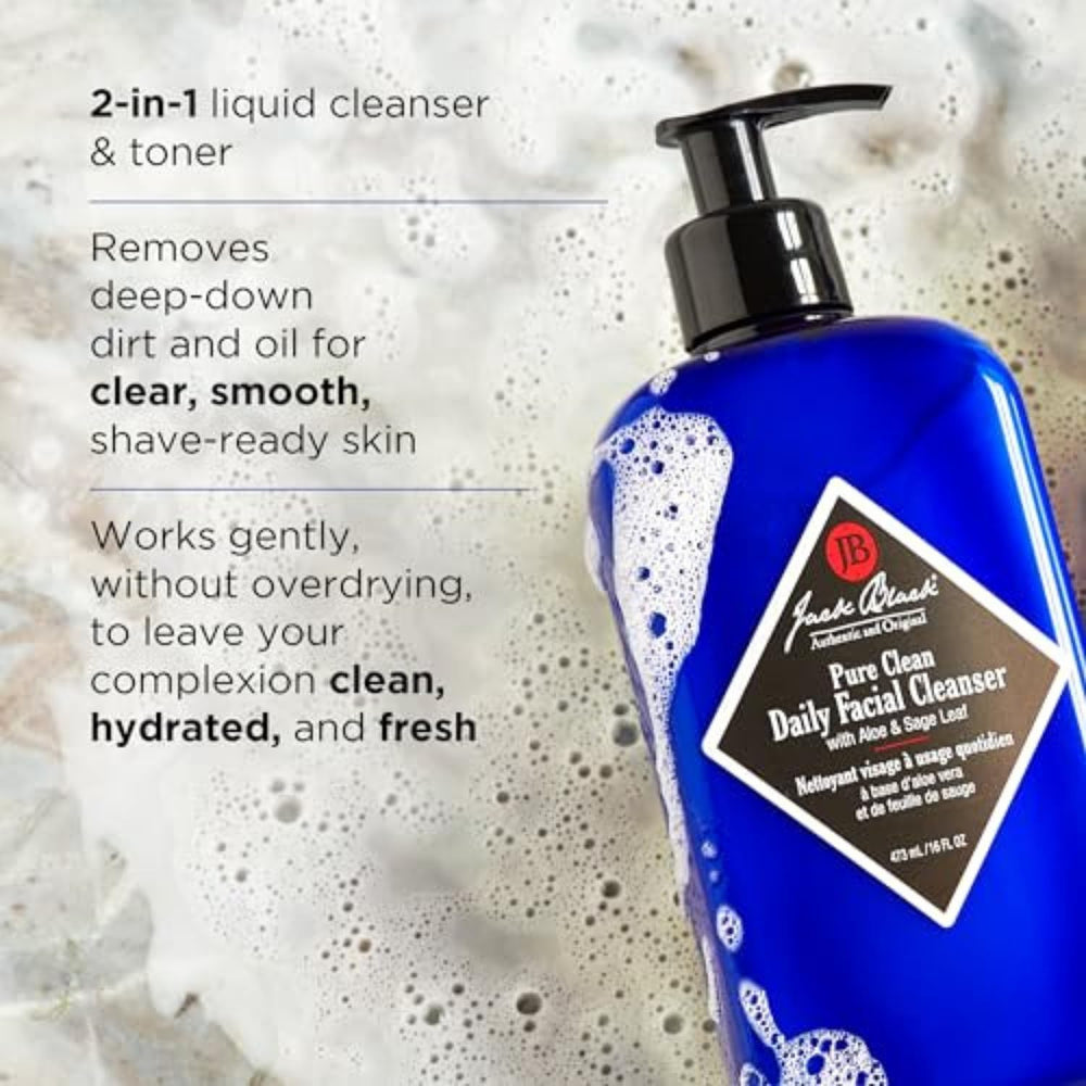 Jack Black Pure Clean face-neck application demonstrates 2-in-1 cleanser and toner in action