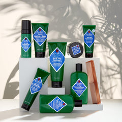 Jack Black Sleek Finish Texture Cream packaging highlight its fragrance-free, convenient wash-away formula.