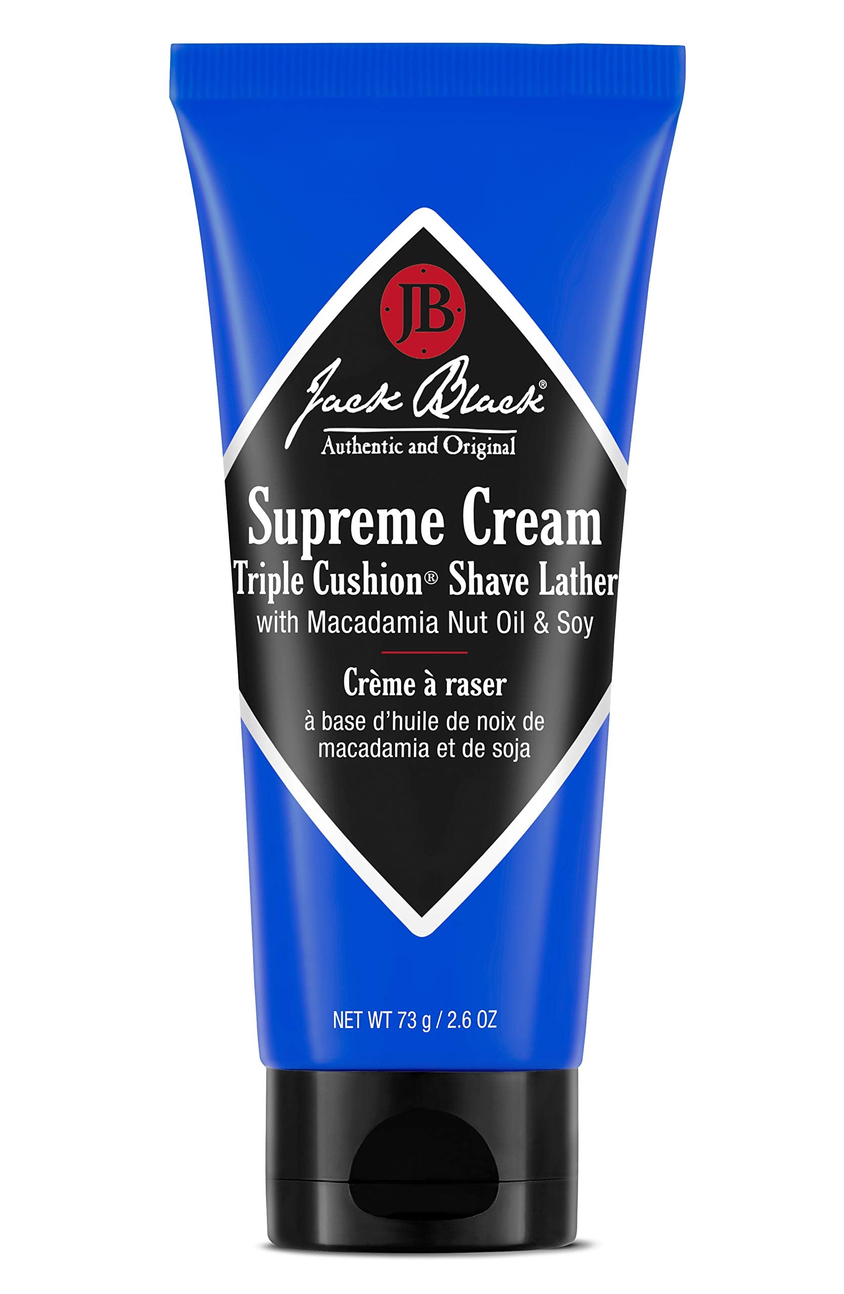 Jack Black Supreme Cream triple cushion lather bottle showcases rich, protective shaving cushion.