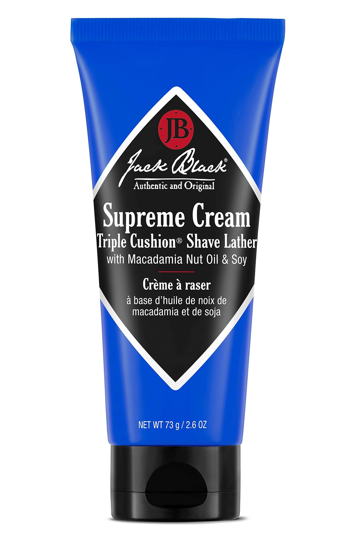 Jack Black Supreme Cream triple cushion lather bottle showcases rich, protective shaving cushion.