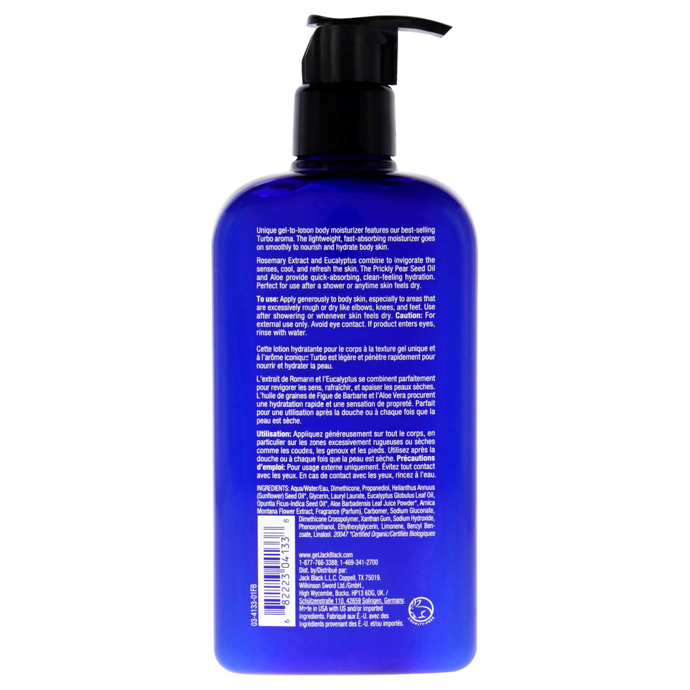 Jack Black Turbo Body Lotion texture showing gel-to-lotion transition for fast absorption