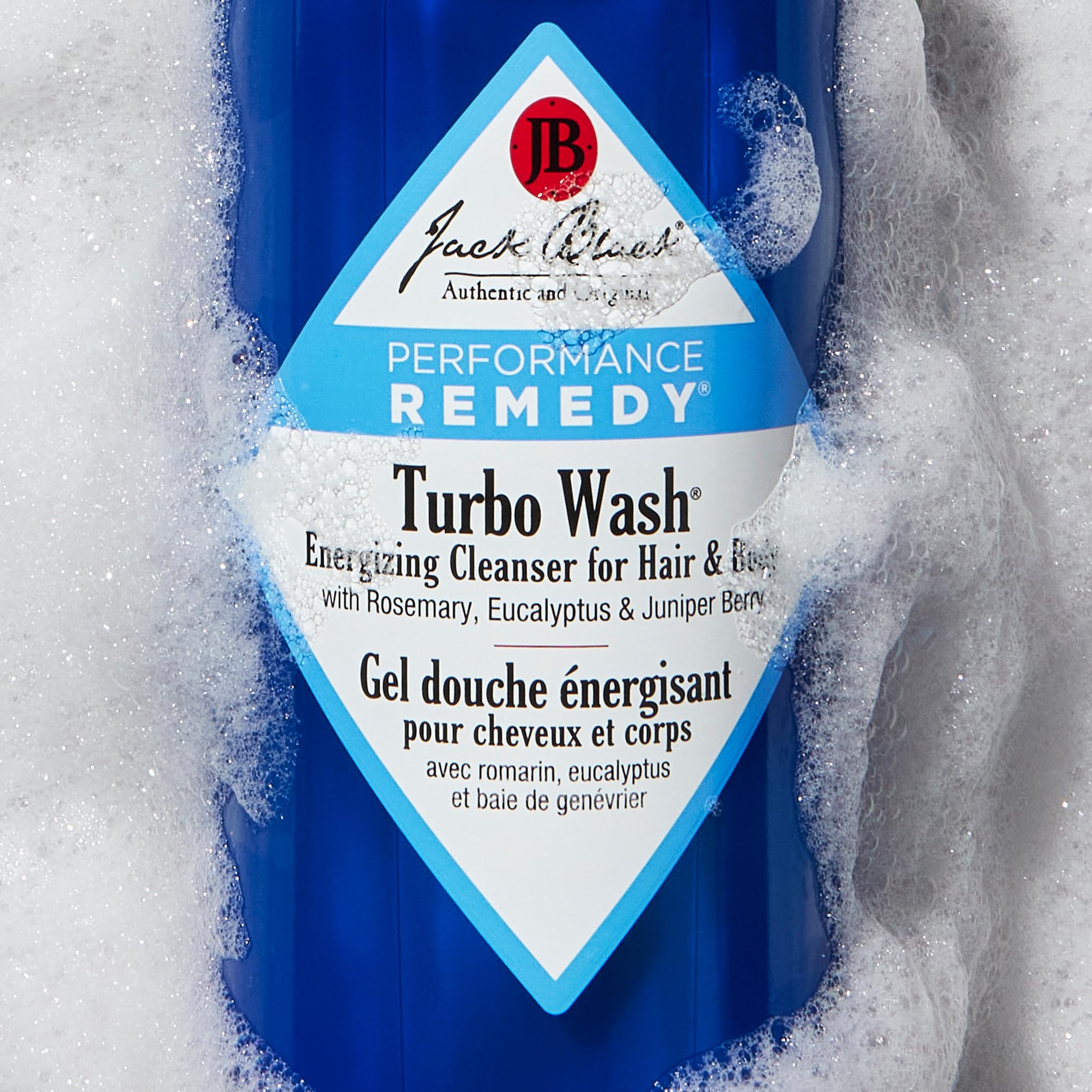 Jack Black Turbo Wash foam dispense detail emphasizes rich lather for hair cleansing