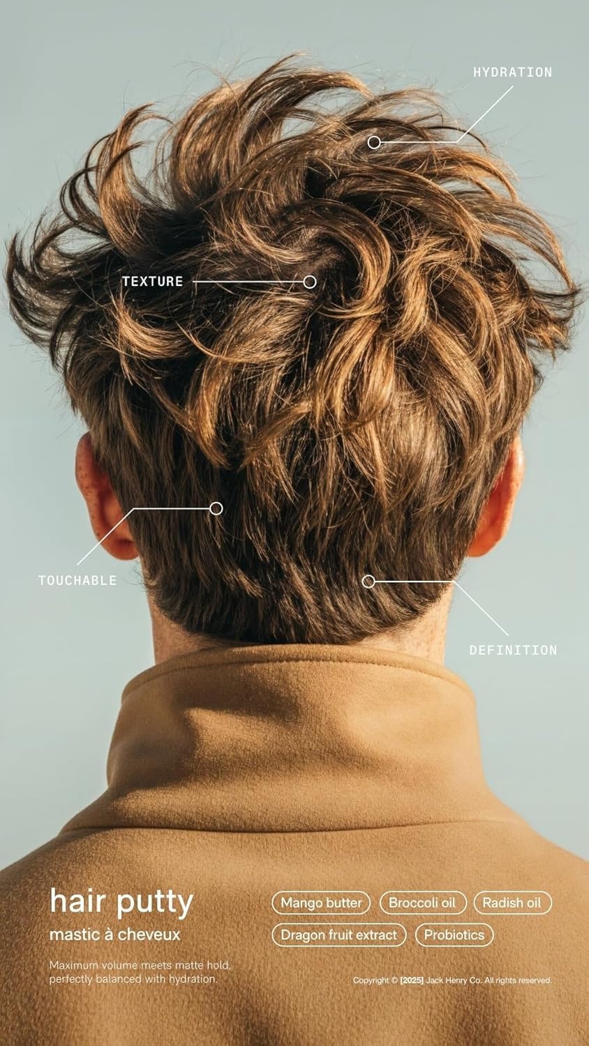 Jack Henry Hair Putty botanicals close-up features mango butter and broccoli seed oil
