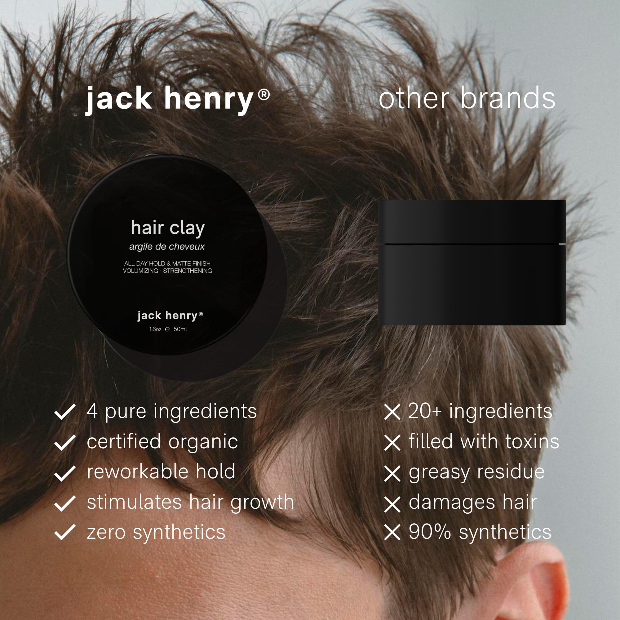 Jack Henry Organic ingredients include coconut oil and bentonite clay for nourishment.