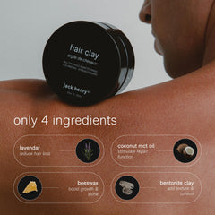 Jack Henry Hair Clay scoop demonstrates easy amount for quick, controlled styling.