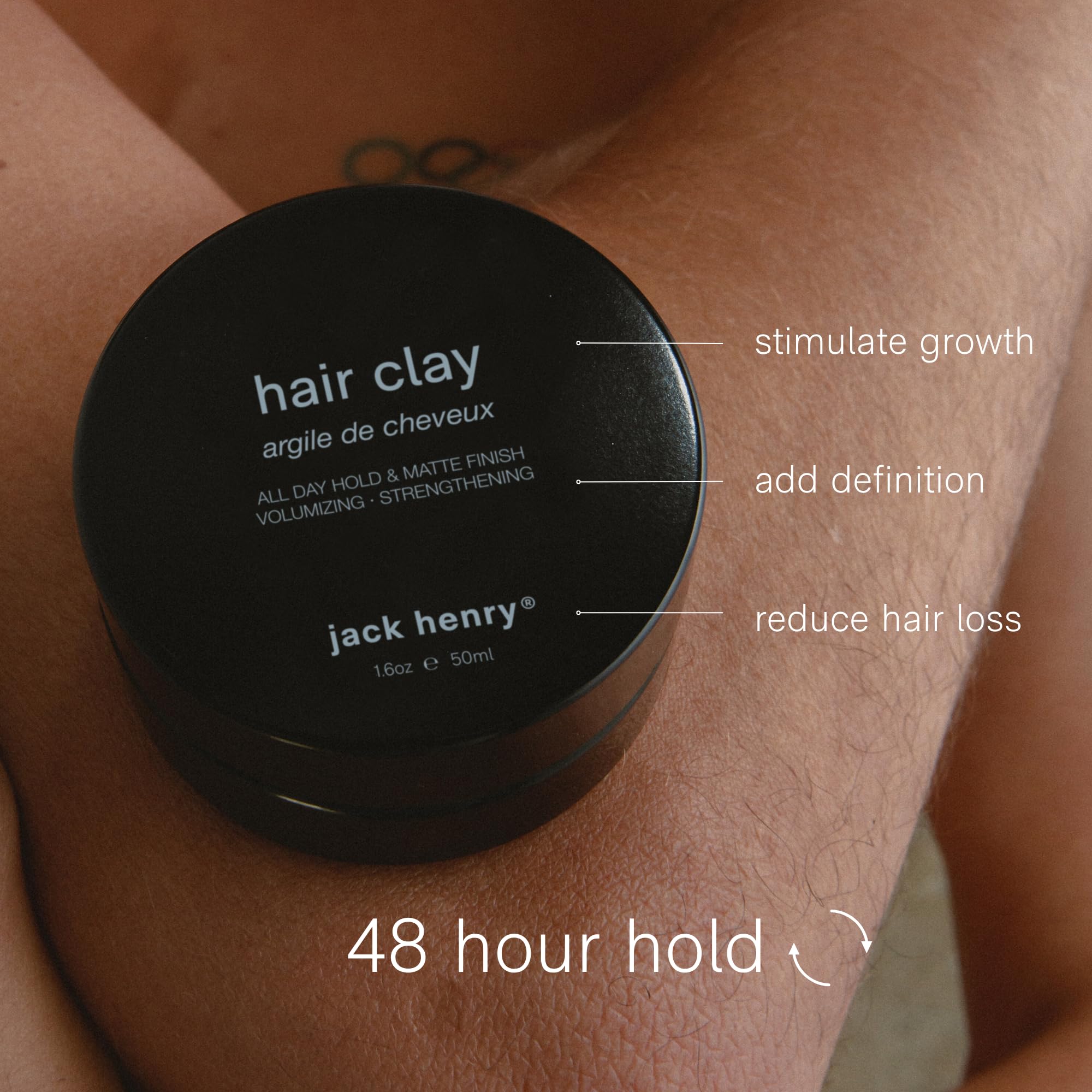 Jack Henry Hair Clay adds texture and volume for natural looking styles.