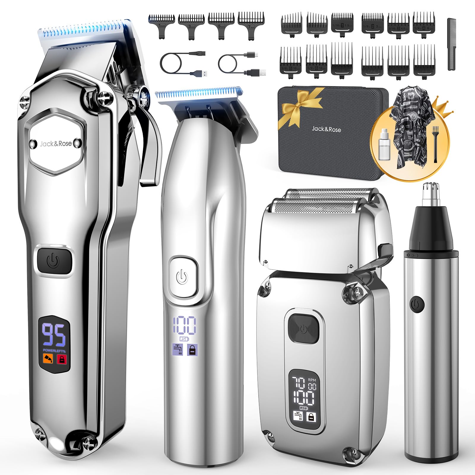 Jack & Rose 4-in-1 hair clipper with LED display for precise at-home grooming.