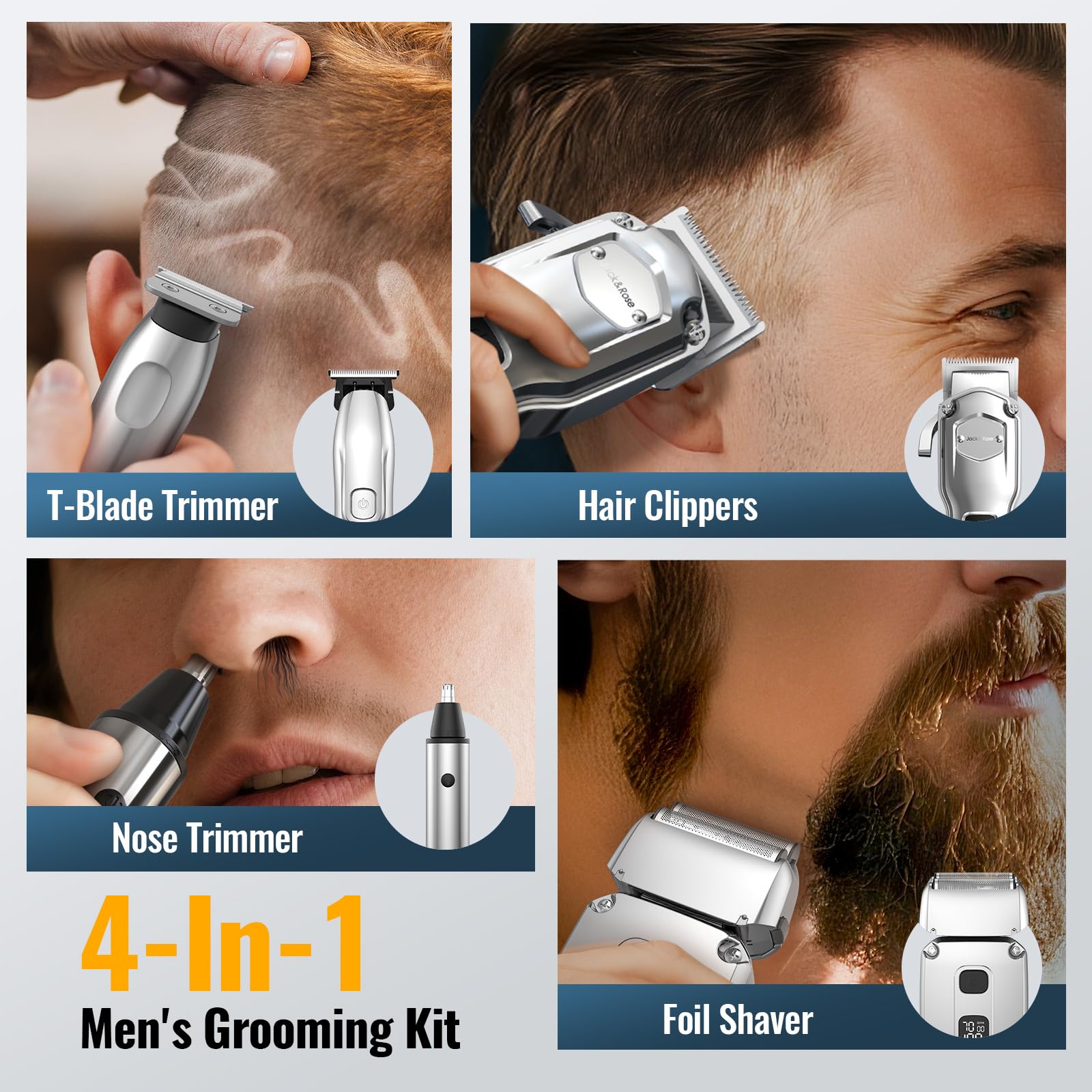 Jack & Rose beard trimmer close-up with floating blades for smooth shaping.