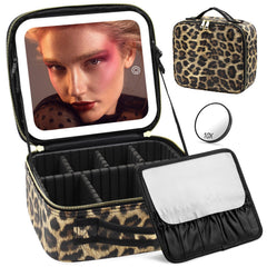 Jadazror makeup bag leopard front display for organized travel.