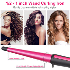 JAETON hair curling wand conical barrel demonstrates varied curl sizes for versatile styles