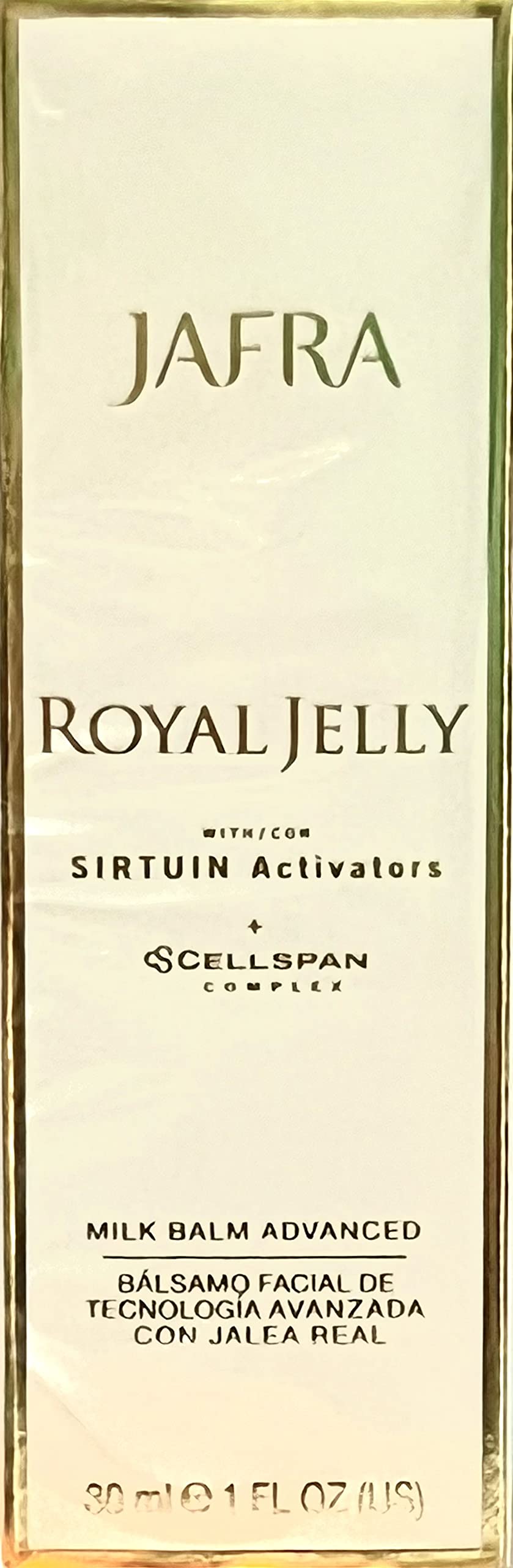 Jafra Royal Jelly Milk Balm packaging on vanity conveys luxury skincare.