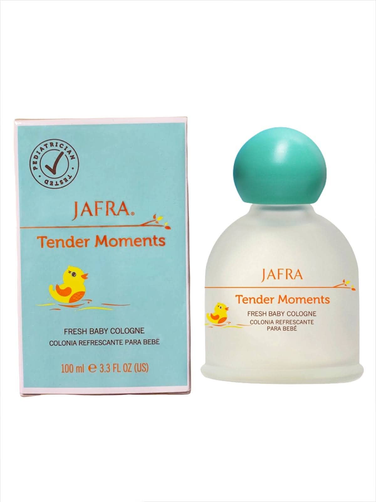 Jafra Tender Moments Fresh Baby Cologne application shows a light spritz for baby.