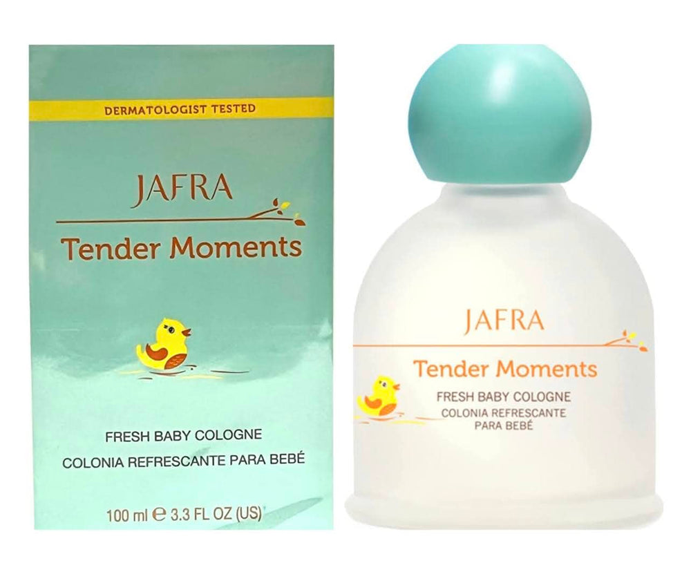 Jafra Tender Moments Fresh Baby Cologne packaging features a mild, skin-friendly formula.