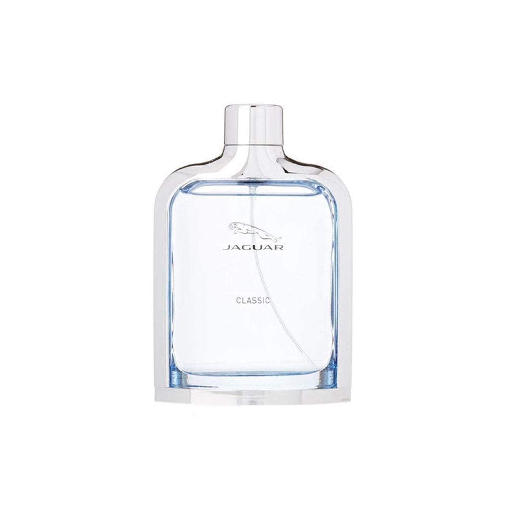 Jaguar Classic Blue bottle side view, premium fragrance presence for romantic evenings.