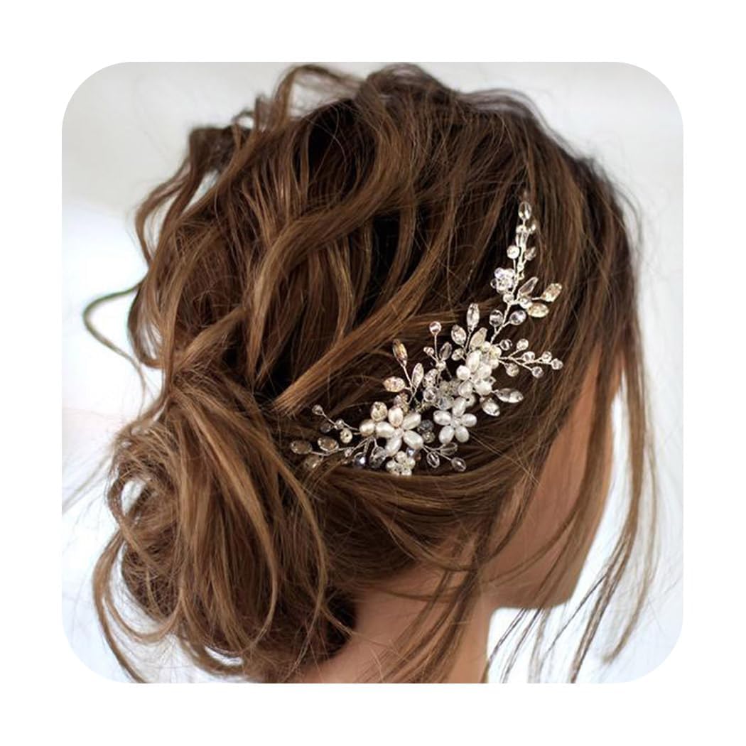 Jakawin bride hair comb with pearl flowers in silver adds elegant wedding styling.
