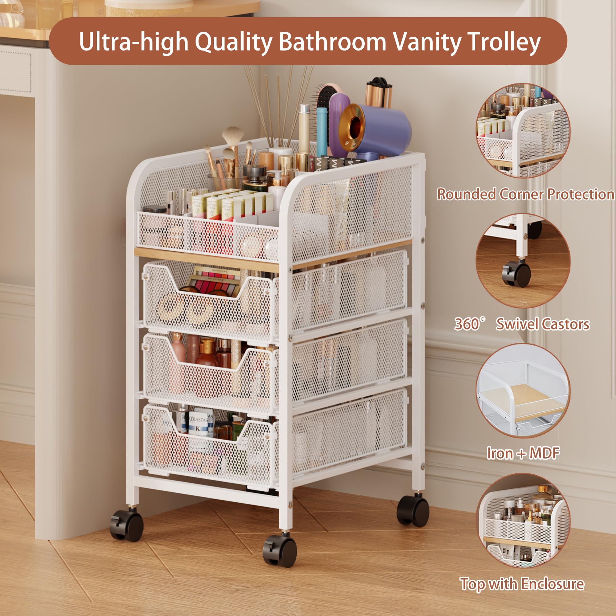 Jakyitvi rolling makeup cart three drawers for categorized storage.