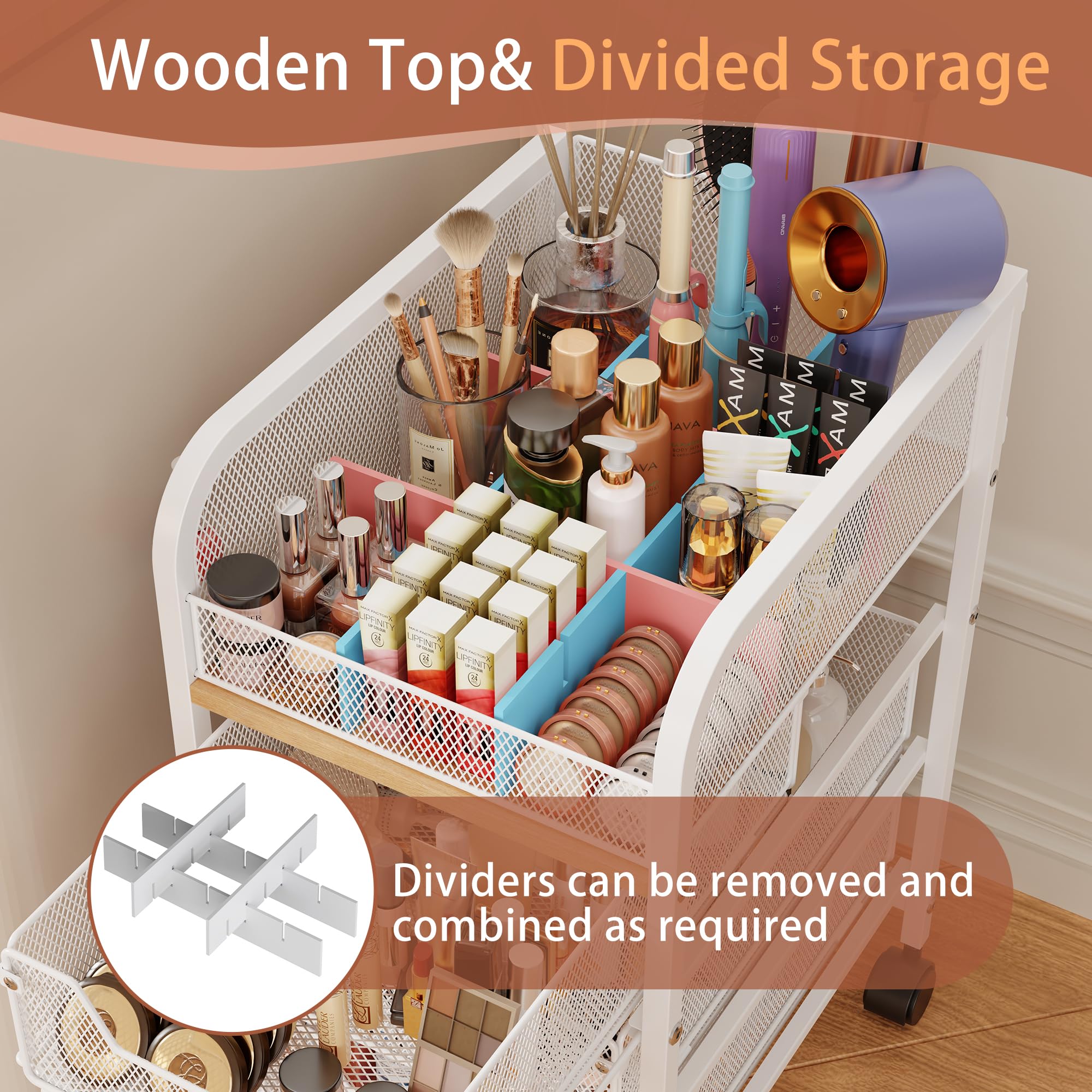 Jakyitvi rolling makeup cart with drawers keeps makeup and skincare organized.