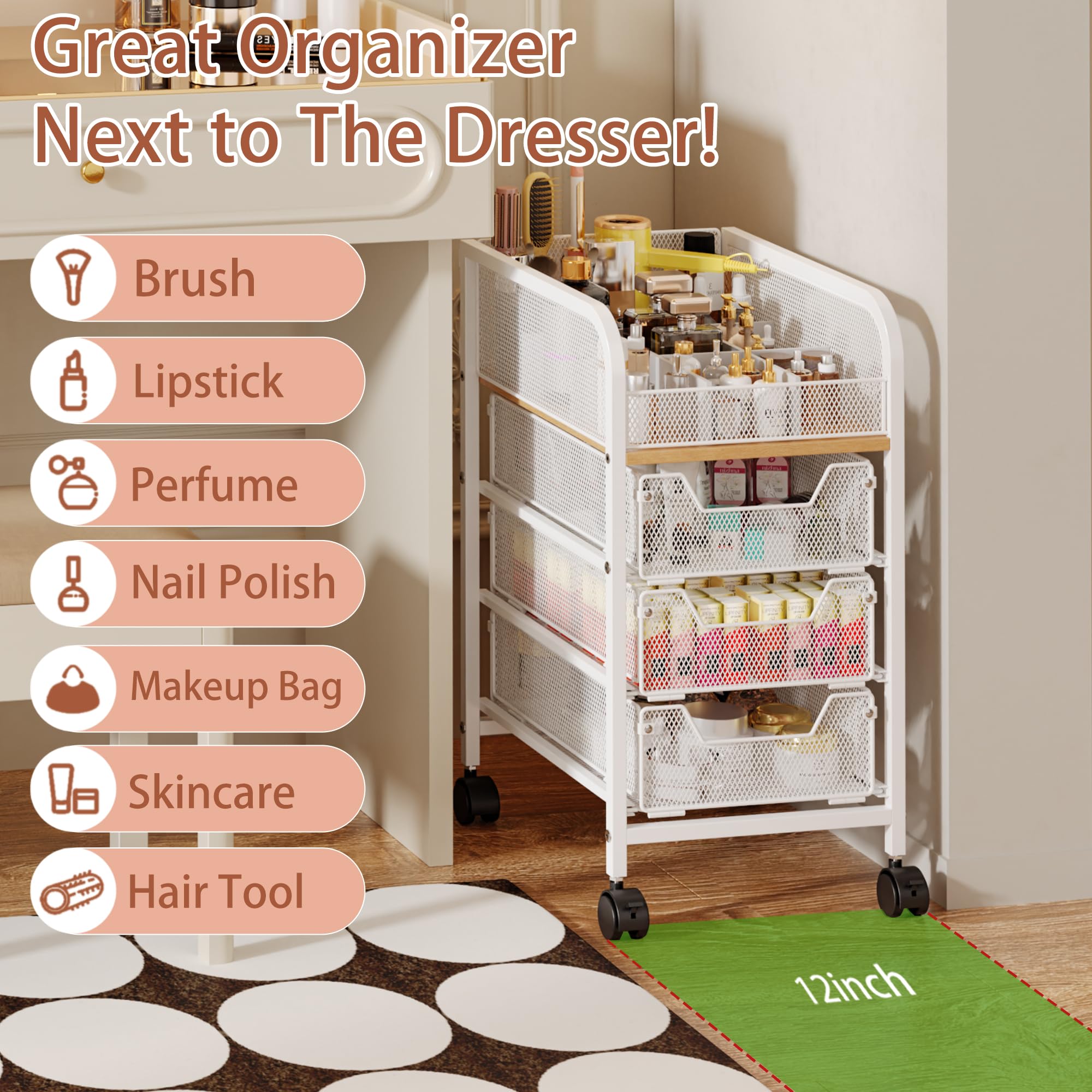 Jakyitvi rolling makeup cart iron frame and MDF surfaces for durability.