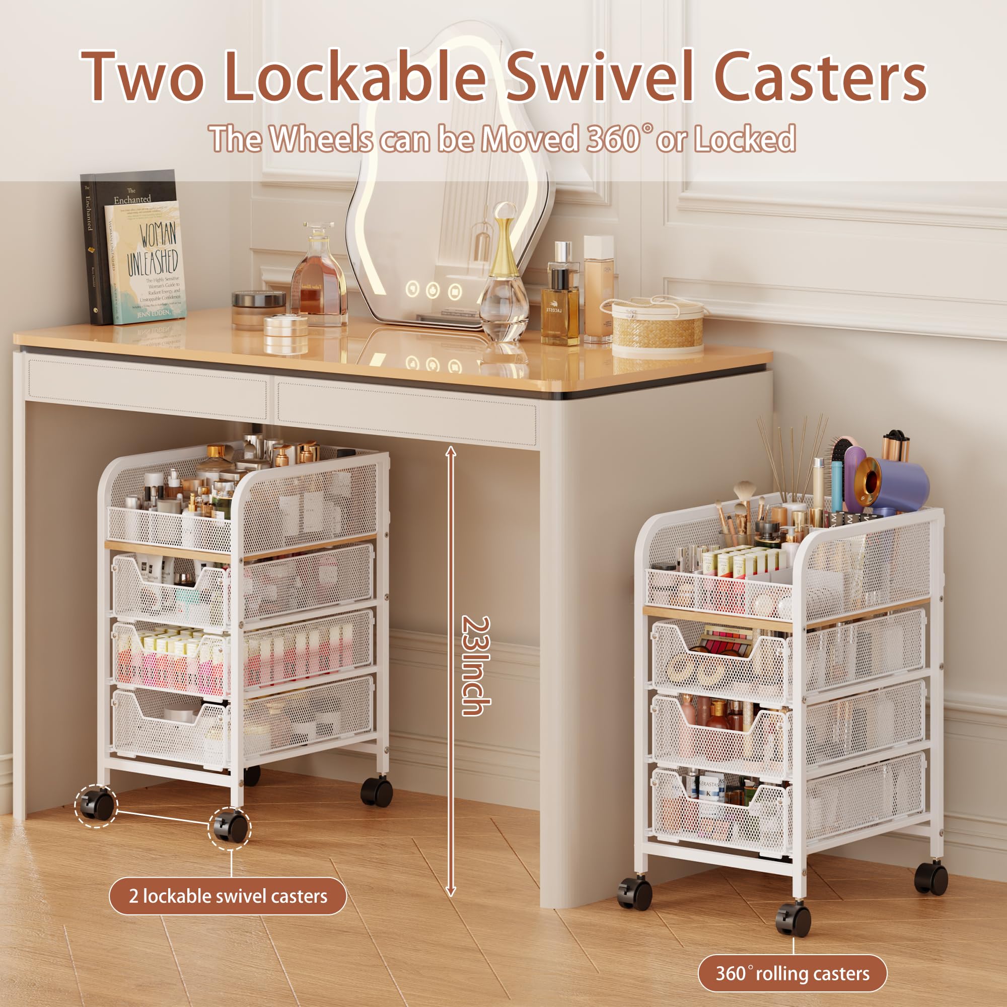 Jakyitvi rolling makeup cart top rail prevents spills during use.