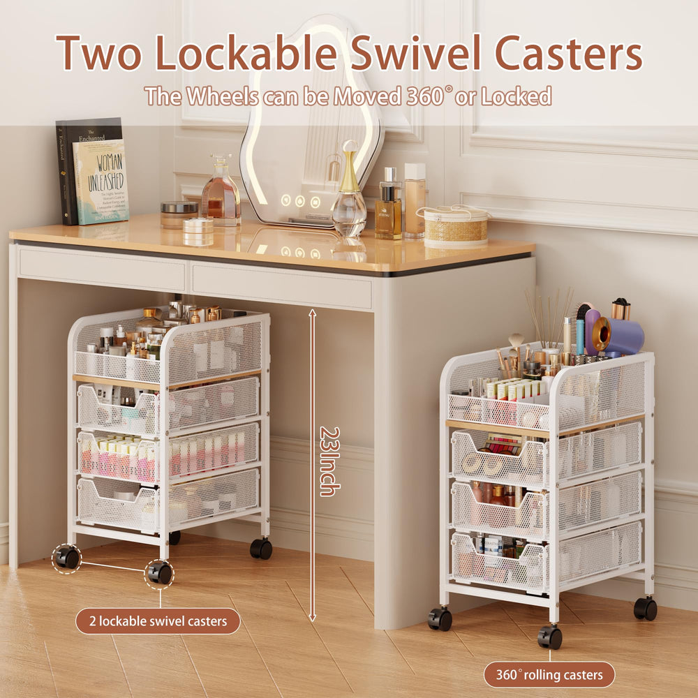 Jakyitvi rolling makeup cart top rail prevents spills during use.