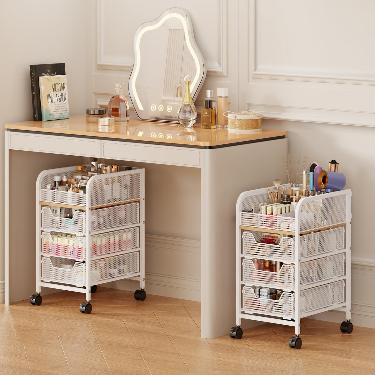 Jakyitvi rolling makeup cart top view showing space-saving under-vanity storage.