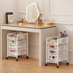 Jakyitvi rolling makeup cart top view showing space-saving under-vanity storage.