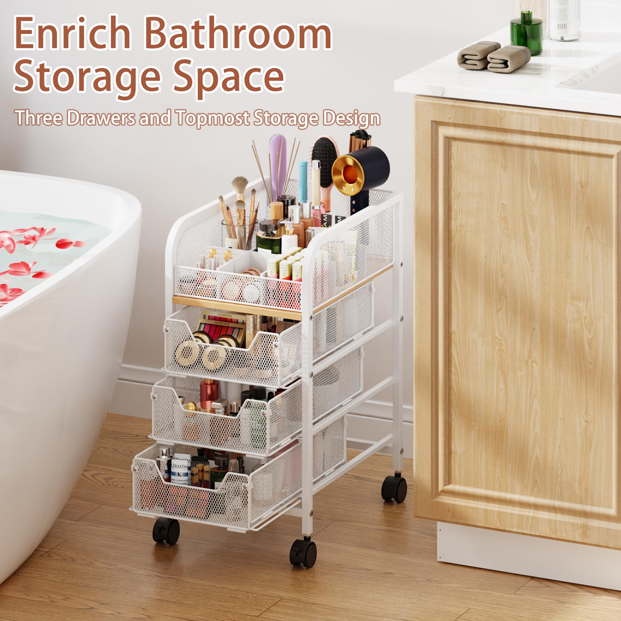 Jakyitvi rolling makeup cart fits slim bathroom or vanity setups.
