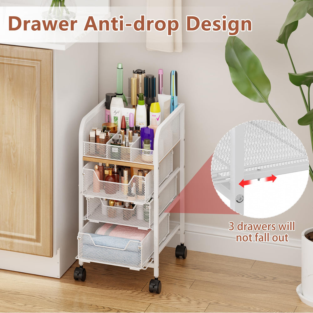 Jakyitvi rolling makeup cart wheels enable easy movement with locking option.
