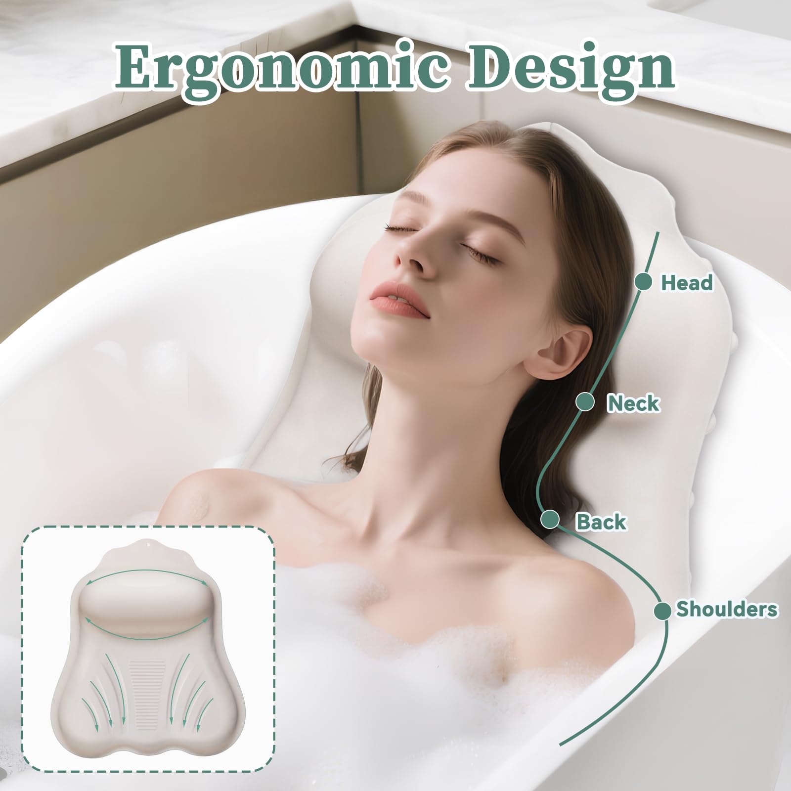 Jalopink bath pillow-soft-silicone-material highlights flexible, waterproof comfort.