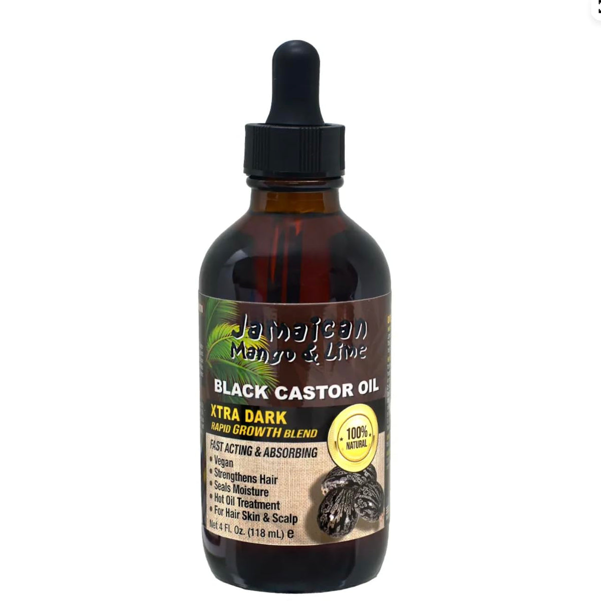 Jamaican Mango & Lime Black Castor Oil Xtra Dark bottle supports healthy scalp and deep moisture.