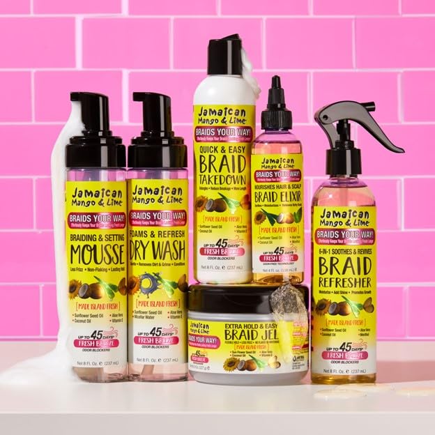 Jamaican Mango & Lime Braids Your Way Mousse braids-after-sleek shows silky shine and frizz control.