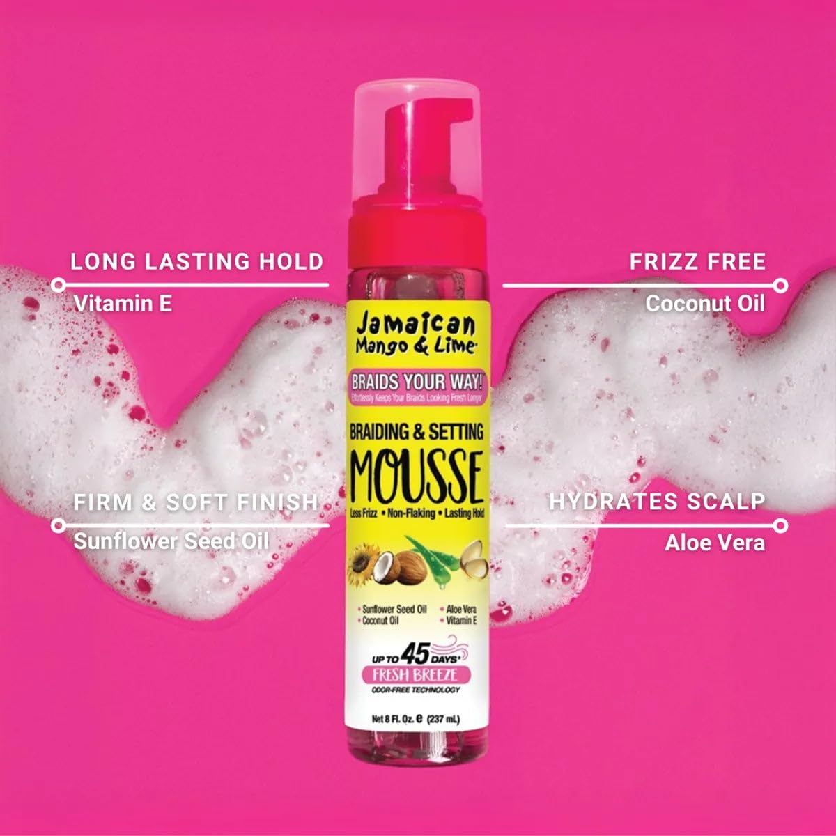 Jamaican Mango & Lime Braids Your Way Mousse demonstrates braids-before-application texture for easy prep.