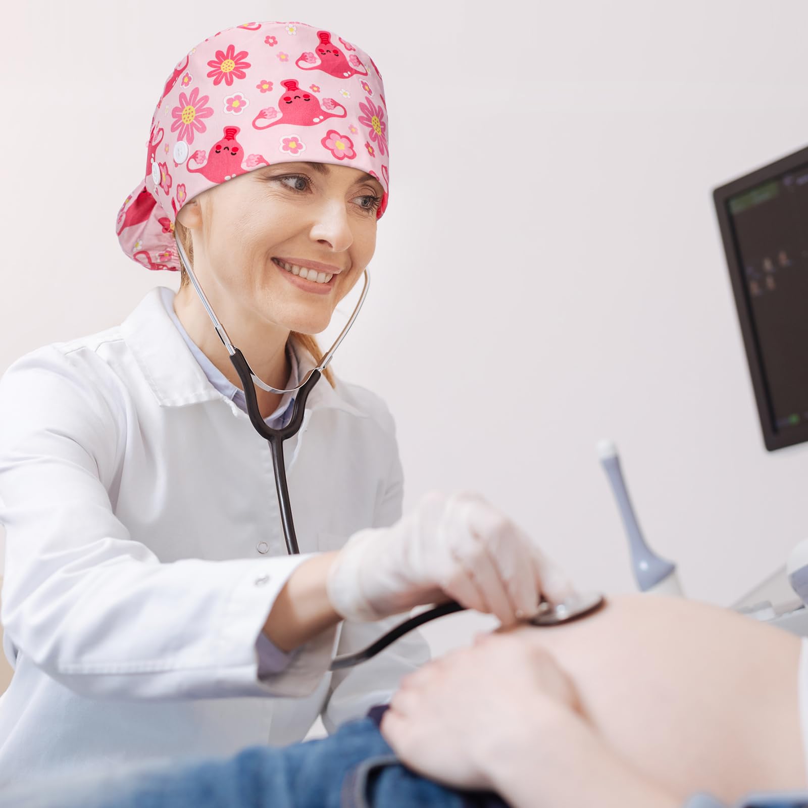 Jamntower long-hair friendly scrub cap keeps hair tidy during obstetric care.