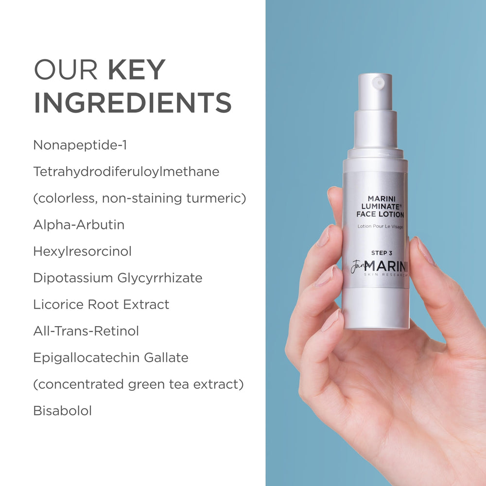Jan Marini Luminate Face Lotion shown on neck area suggests evening tone and glow