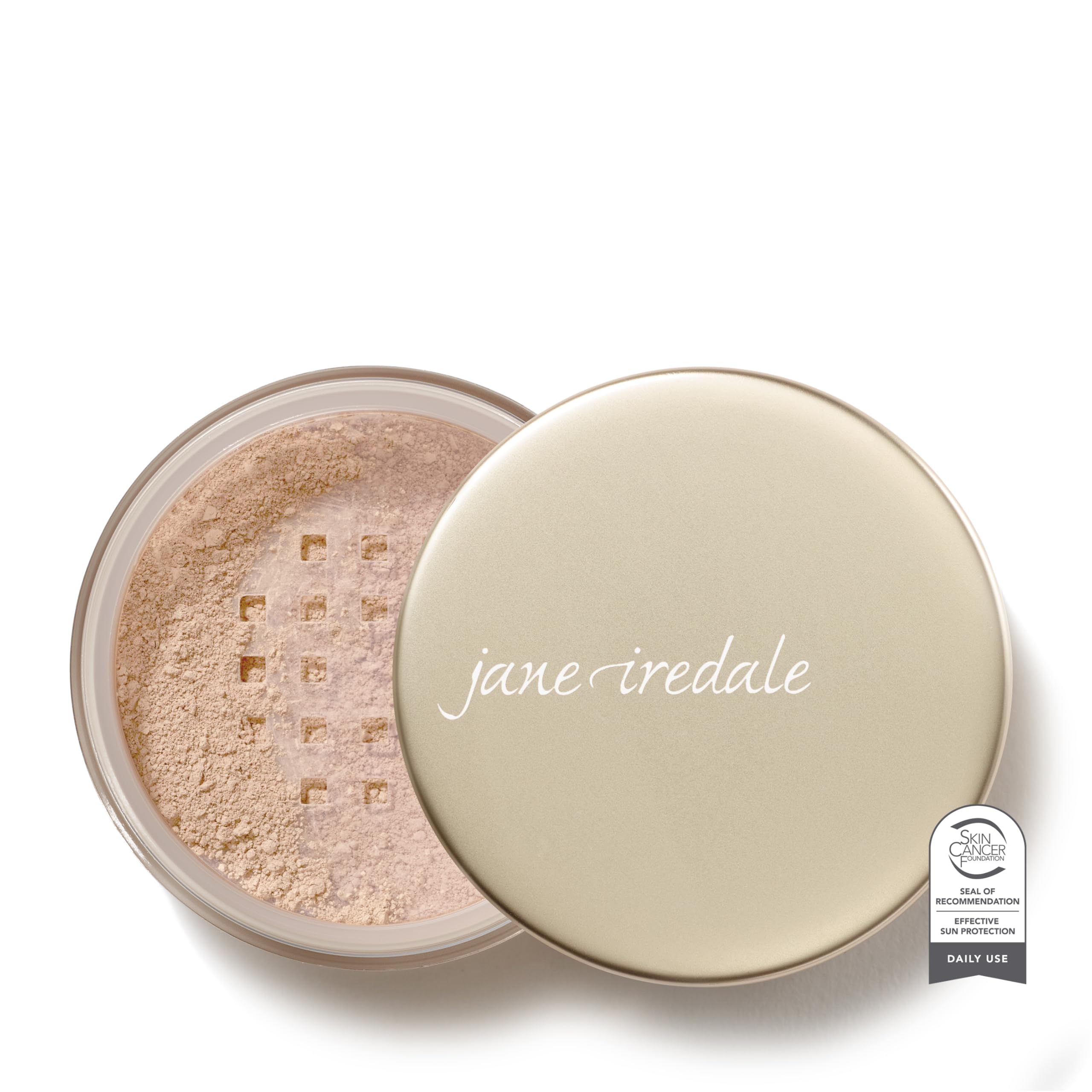 Jane Iredale Amazing Base loose powder in Light Beige compact for sheer-to-medium coverage.