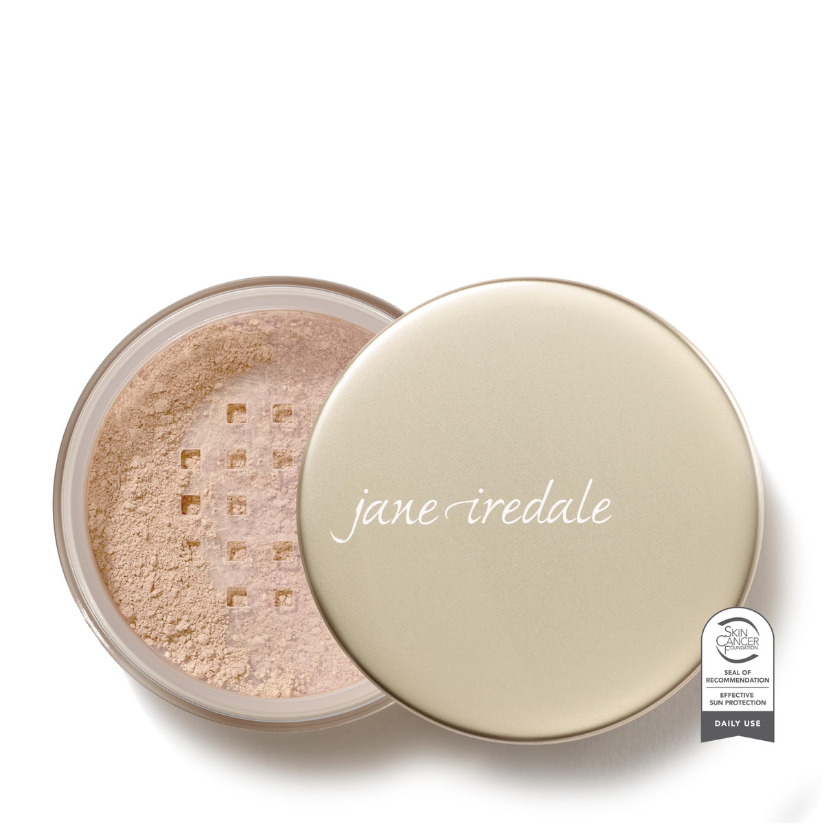 Jane Iredale Amazing Base loose powder in Light Beige compact for sheer-to-medium coverage.