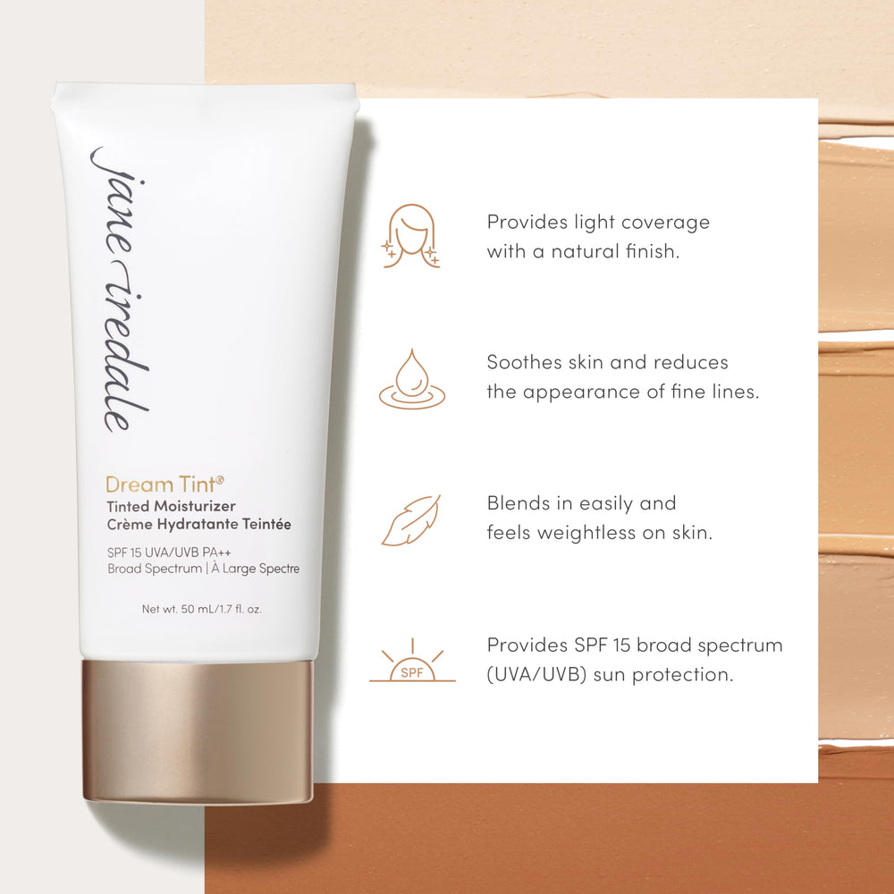Jane Iredale Dream Tint swatch demonstrates SPF 15 broad-spectrum protection.