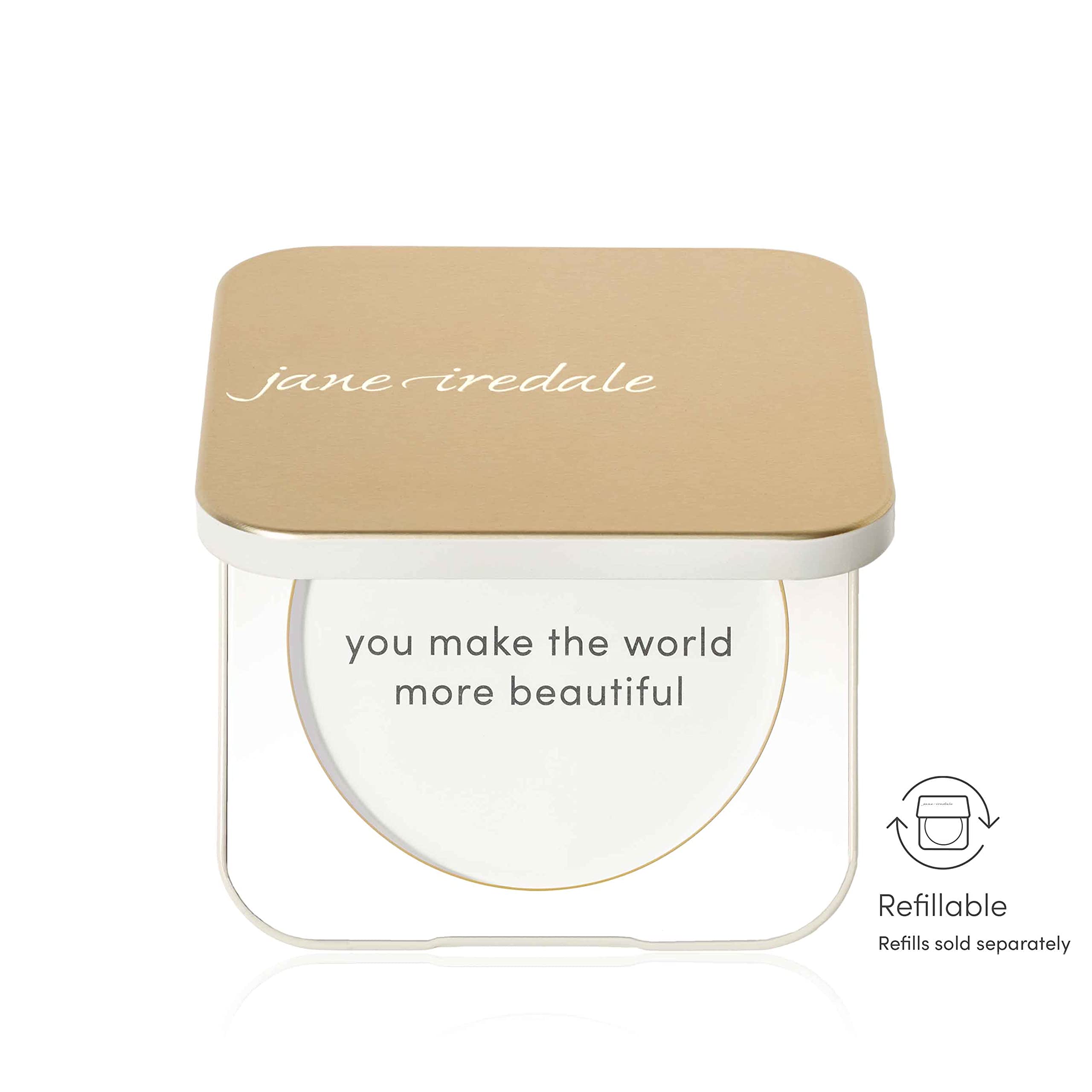 Jane Iredale Gold Refillable Compact durable aluminum shell protects powder while traveling.