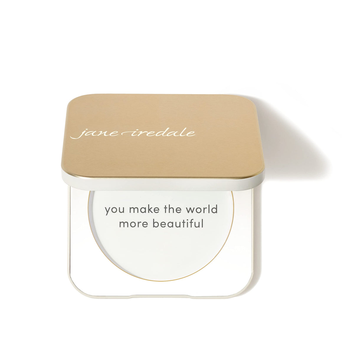 Jane Iredale Gold Refillable Compact open with mirror for on-the-go touch-ups.