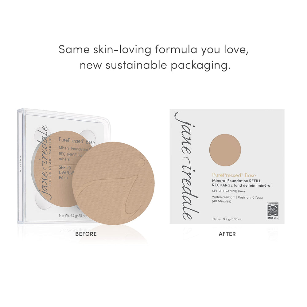 Jane Iredale PurePressed Base highlights antioxidant Pine Bark and Pomegranate extracts for skin protection.