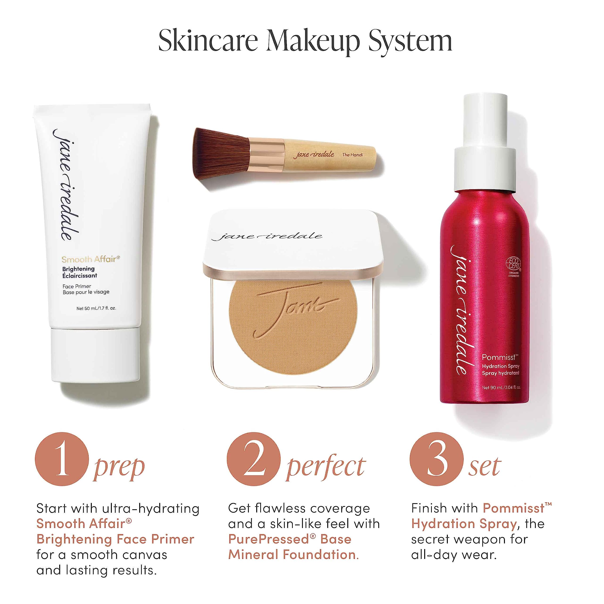 Jane Iredale PurePressed Base Refill Latte packaging shows refillable compact for sustainable makeup