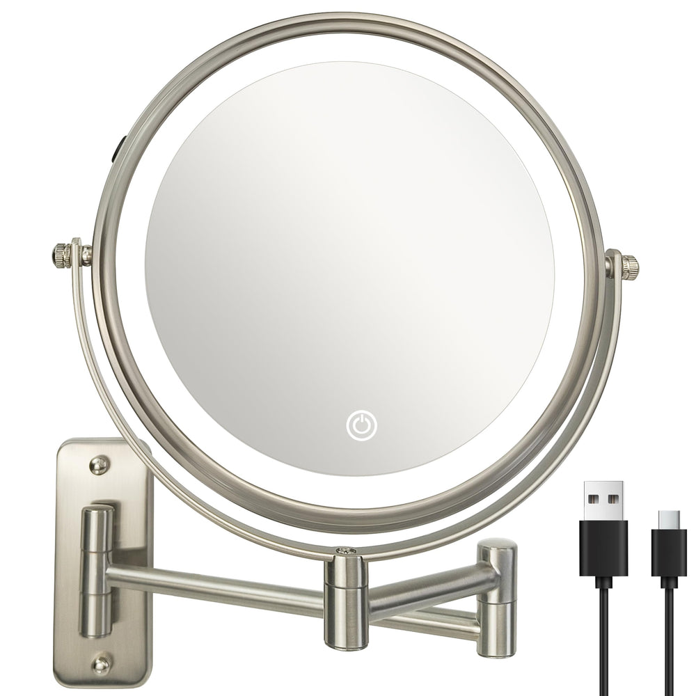 JANEEVA 8-inch wall-mount makeup mirror showing 3 light modes for precise makeup under varied lighting