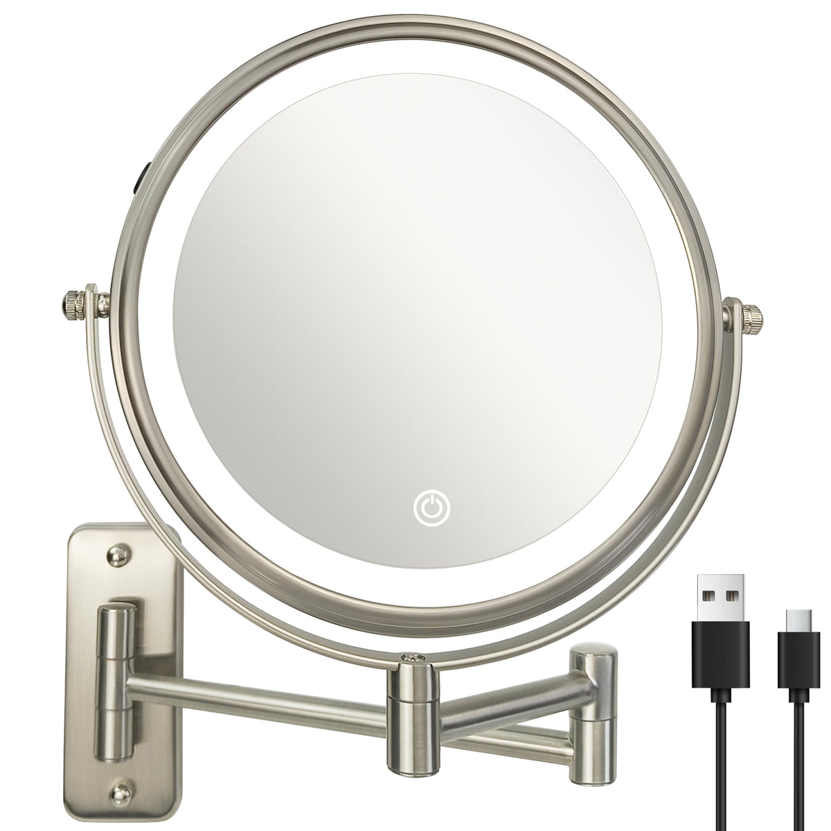 JANEEVA 8-inch wall-mount makeup mirror showing 3 light modes for precise makeup under varied lighting