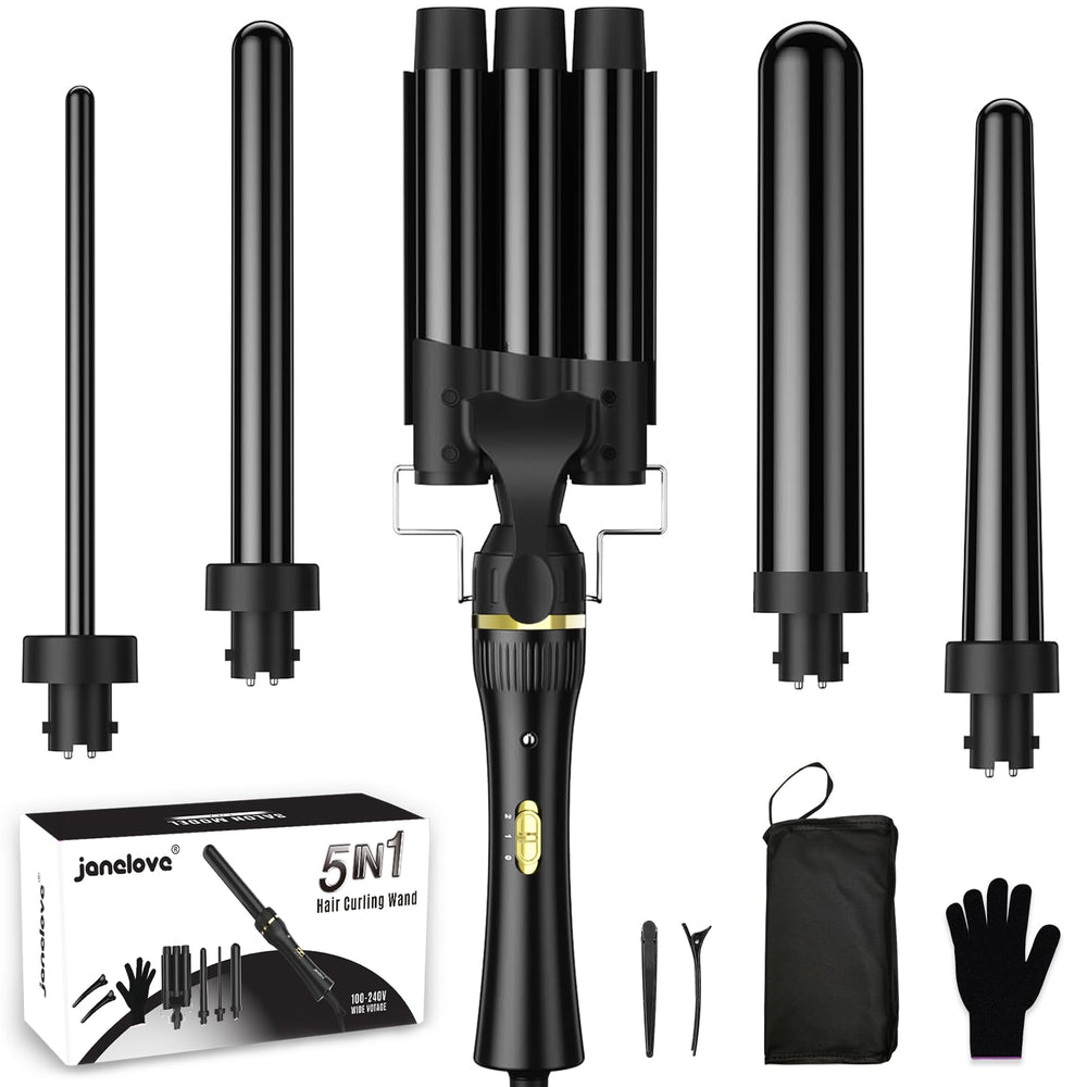 janelove 5in1 wand curling iron set with interchangeable barrels enables versatile beachy to tight curls.